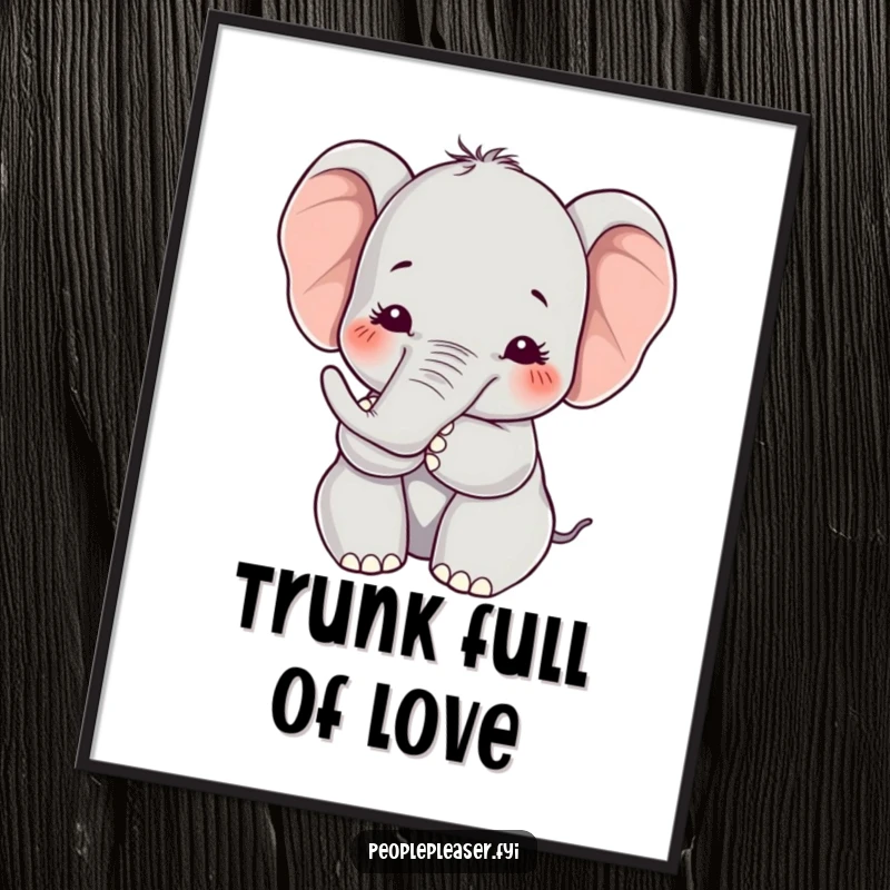 Funny Kawaii elephant poster showing a character offering a soft hug with its trunk, perfect for adding a loving and comforting touch to decor.