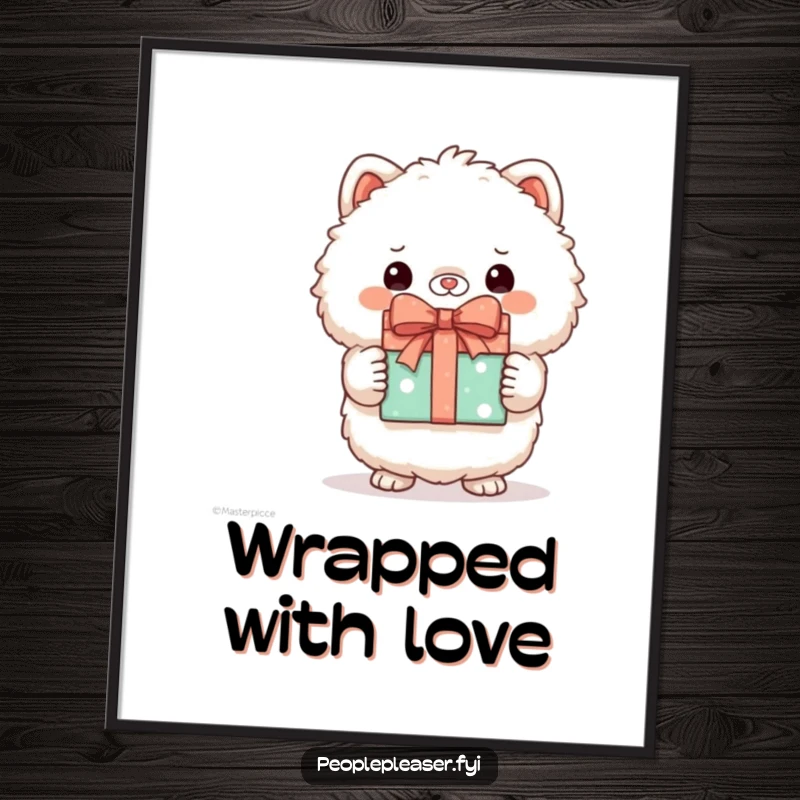Funny poster showcasing a proud fluffy animal character holding a beautifully wrapped gift, radiating happiness.