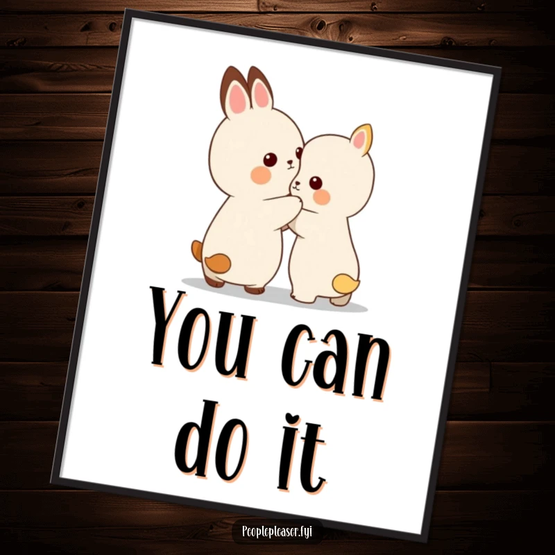 Funny poster featuring a small, supportive animal character gently patting another on the back with encouragement.