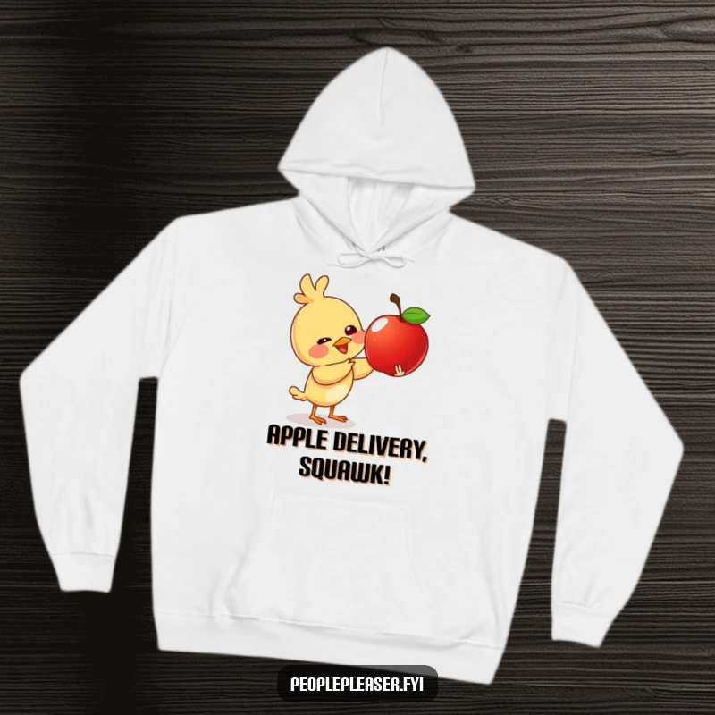 Funny hoodie featuring a giggling bird character giving a shiny apple, perfect for cozy days and spreading cheerful vibes.