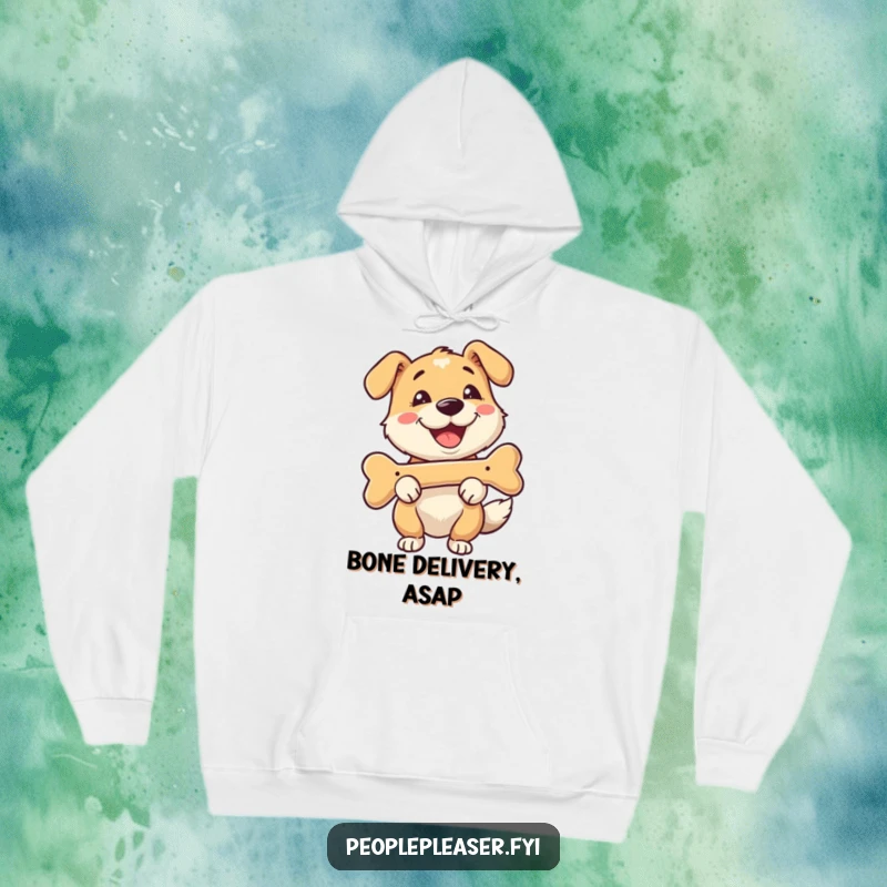 Funny hoodie featuring a happy dog character fetching a bone with a joyful expression, ideal for cozy, dog-loving moments.