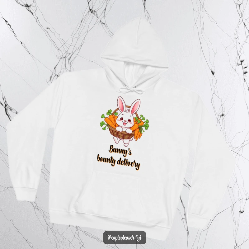 Funny hoodie featuring a happy bunny character carrying a basket overflowing with carrots, embodying warmth, joy, and a plentiful harvest.