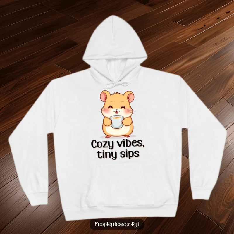 Funny hamster hoodie featuring a cute rodent offering a petite cup of tea, providing cozy comfort and a touch of humor.
