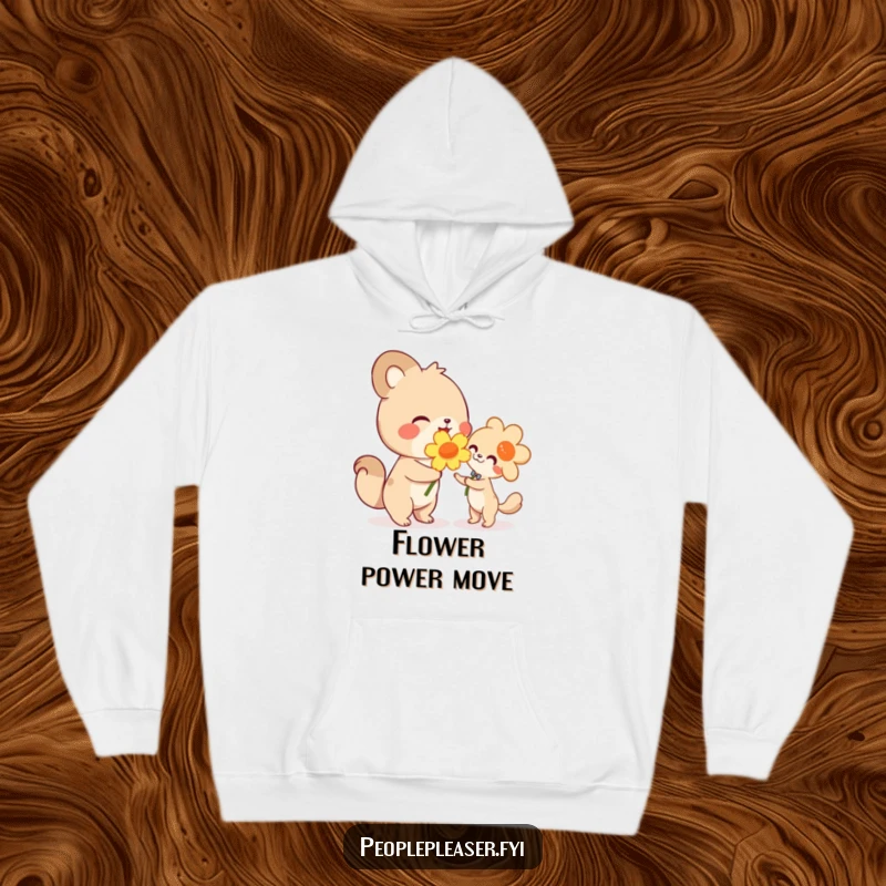 Funny hoodie, cute animal character beaming while handing a large flower, embodying kindness and the joy of giving with a humorous touch.
