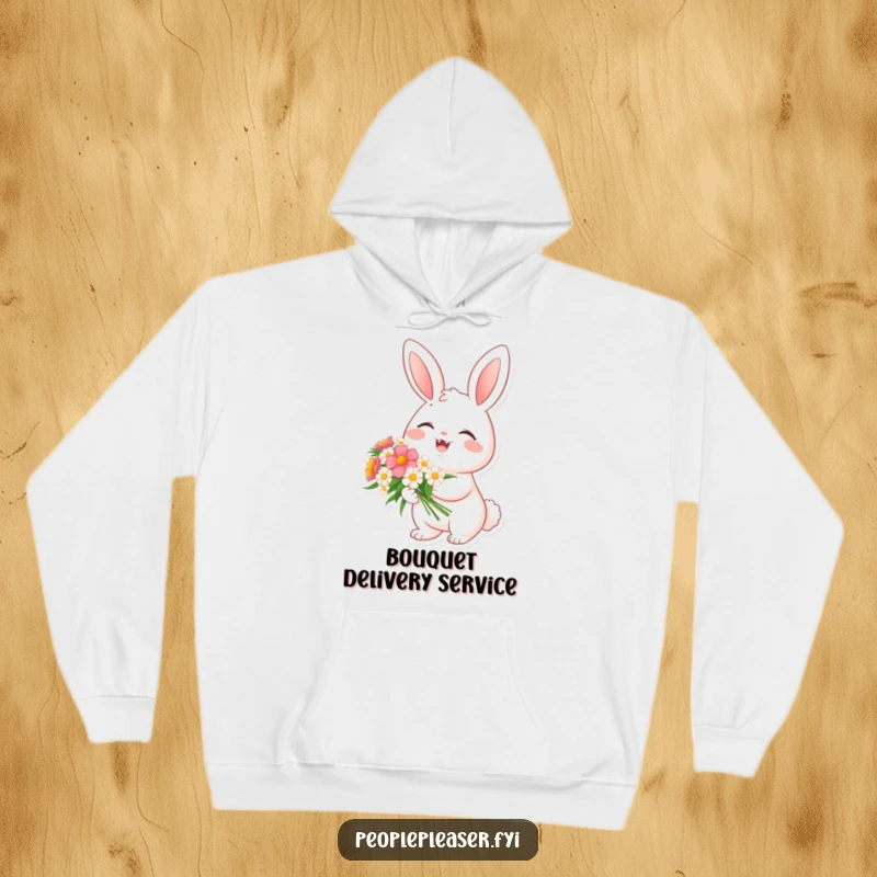 Funny hoodie featuring a cheerful bunny character holding a bouquet of flowers, perfect for cozy spring days and happy moments.