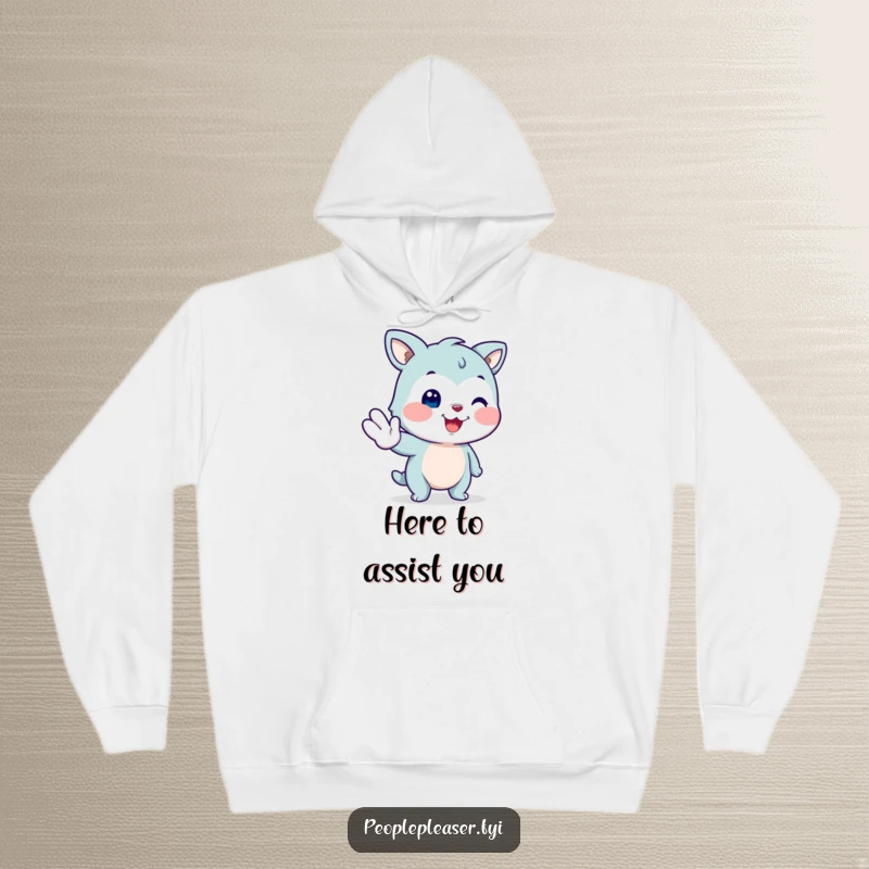 Funny smiling animal hoodie, offering a helping paw with a warm smile, a cozy and humorous apparel item.