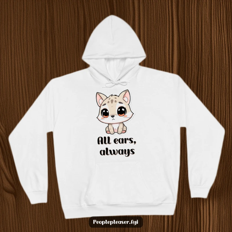 Funny Hoodie featuring an animal character with focused eyes and attentive ears, listening intently to something intriguing, radiating curiosity.