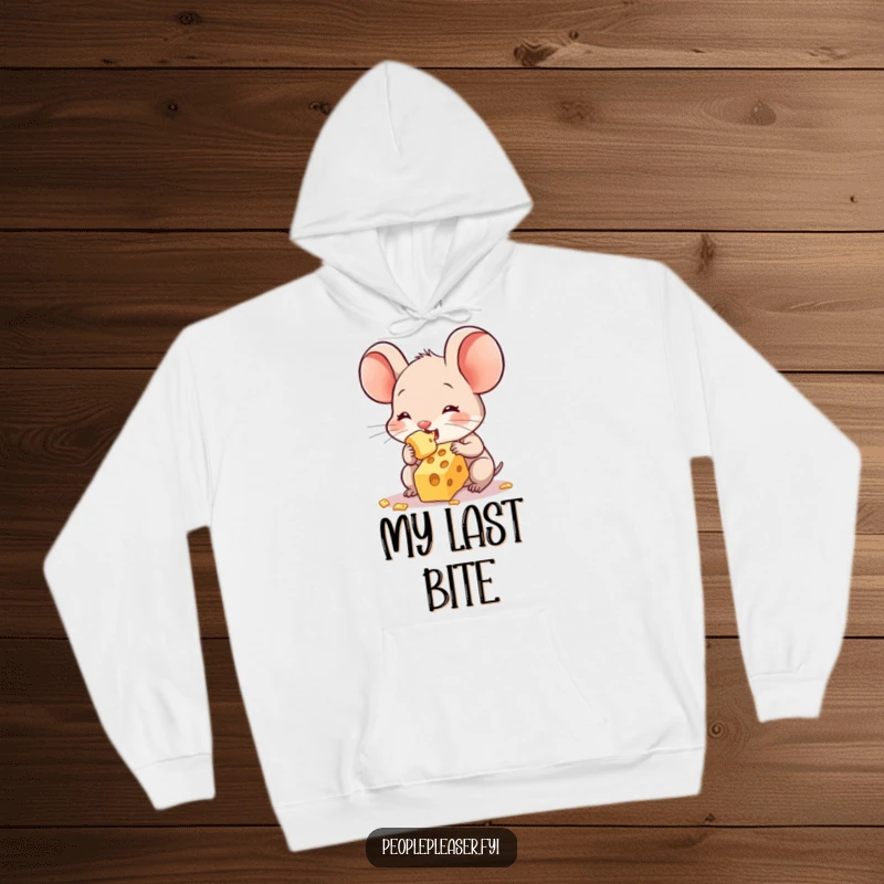 Funny hoodie featuring a sweet mouse character in the act of sharing its last crumb of delicious cheese, perfect for cozy and humorous moments.