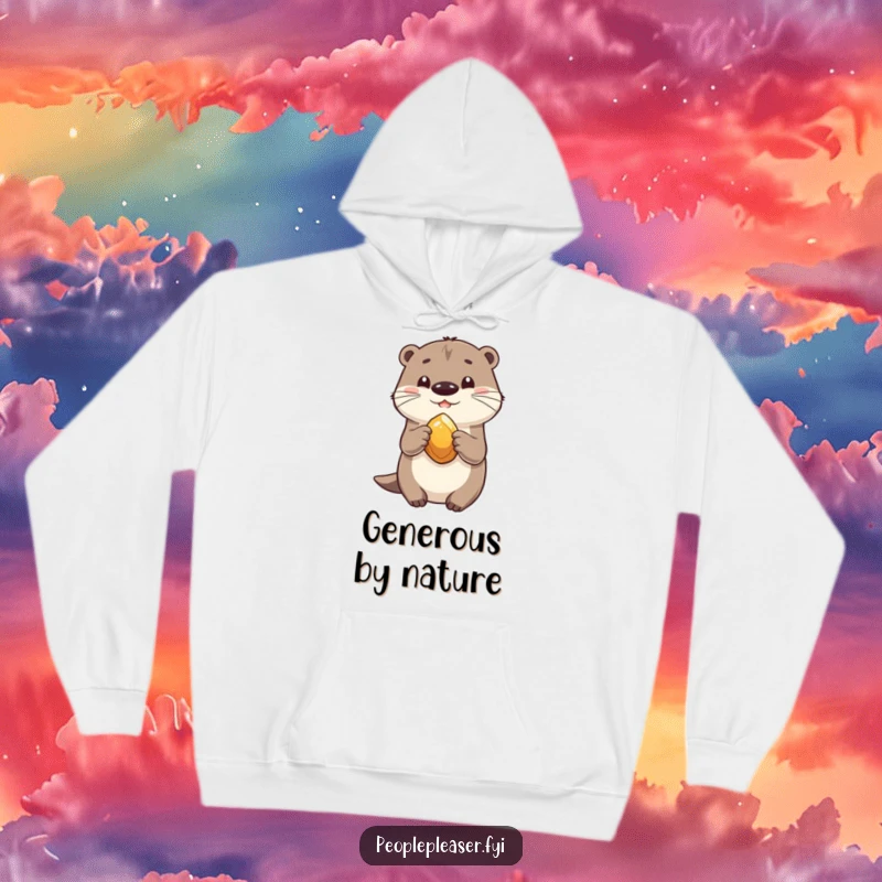 Funny hoodie print of a playful otter offering a shiny stone, symbolizing generosity and warm companionship.