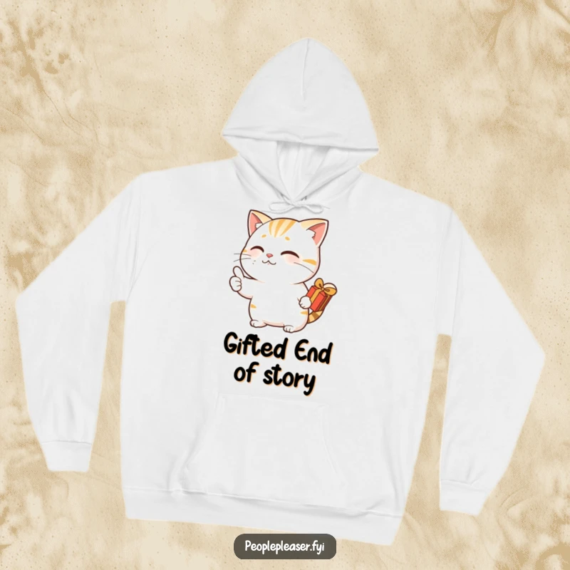 Funny hoodie featuring a nodding cat character giving a thumbs up, holding a small gift, perfect for cozy, humorous moments.