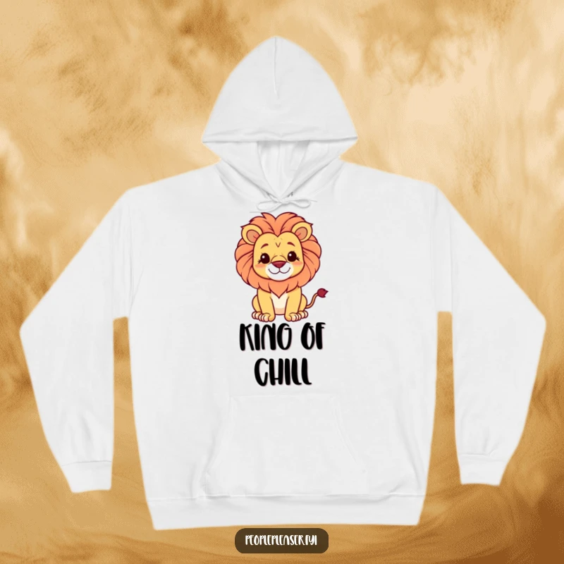 Funny hoodie print of a proud lion sporting a soft, gentle smile, exuding regal calm and warmth.