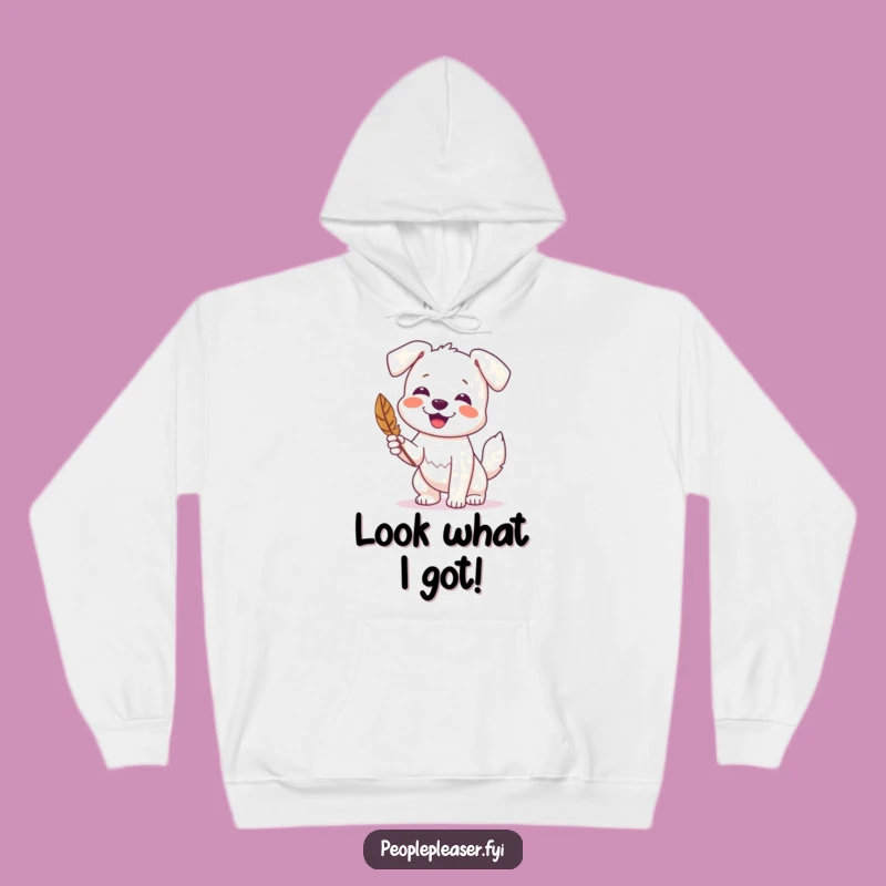 Funny Dog Feather Hoodie: Cozy hoodie with a happy dog holding a feather, a funny gift.