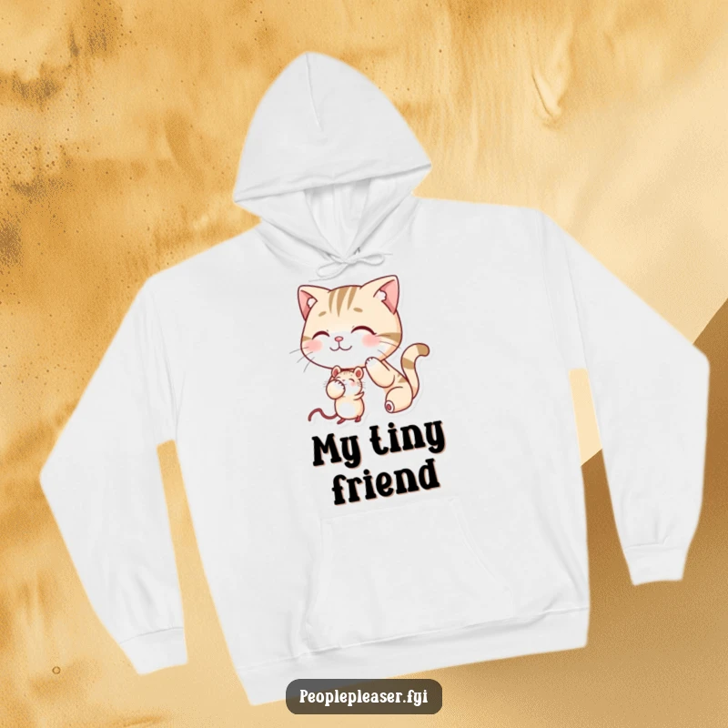 Funny hoodie with a smiling cat patting a mouse on the head, cozy and heartwarming.