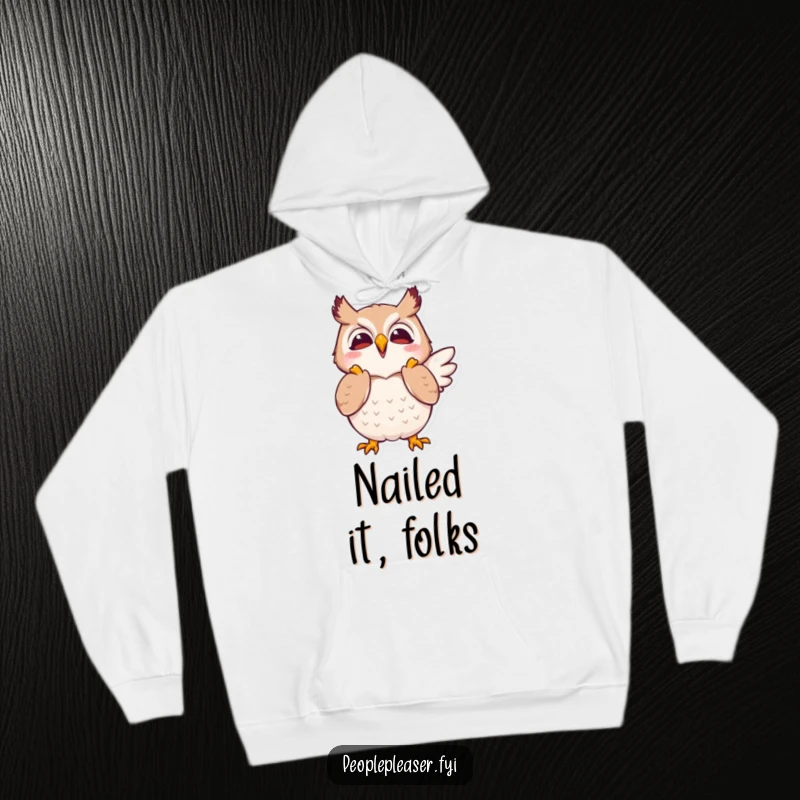 Funny hoodie featuring a joyful owl character clapping its wings in approval, symbolizing warmth and infectious happiness.