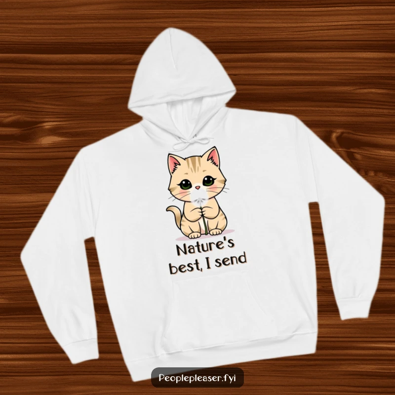 Funny cat hoodie depicting a charming cat extending a delicate dandelion puff, a symbol of simple pleasures and warmth.