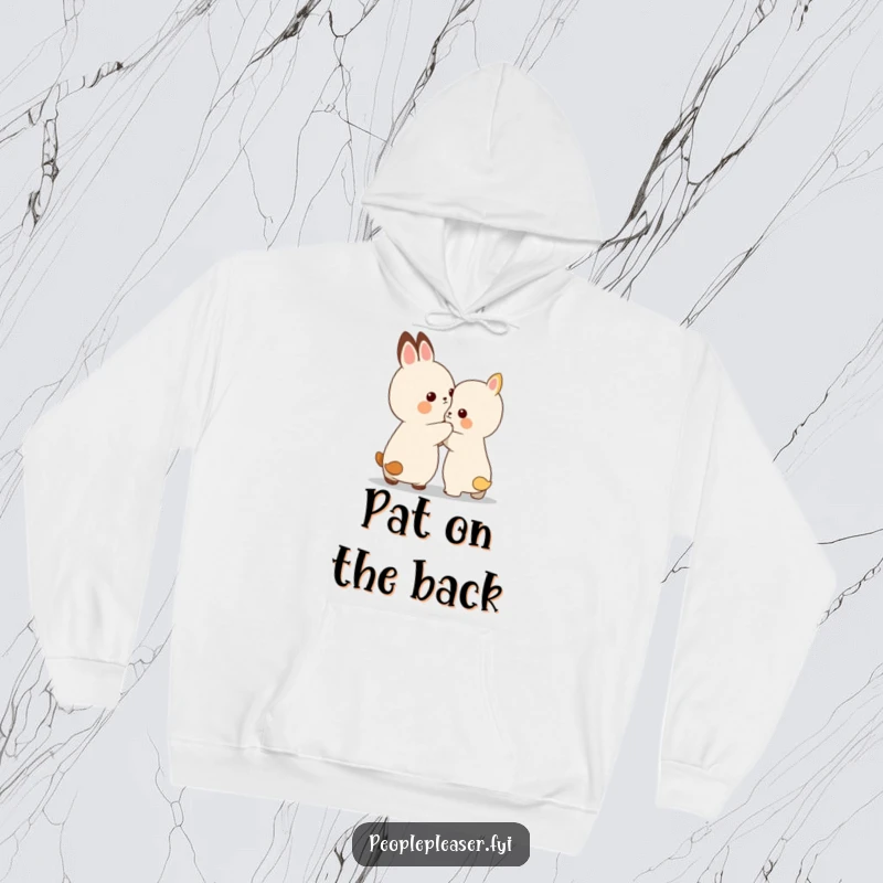 Funny hoodie depicting a small, caring animal character giving a gentle pat on the back for encouragement.