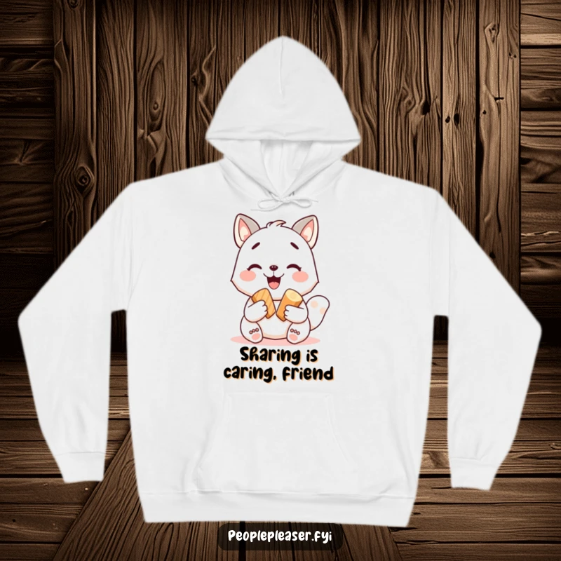 Funny hoodie showcasing a joyful animal character in the act of sharing a delectable treat, radiating warmth. An ideal funny gift.