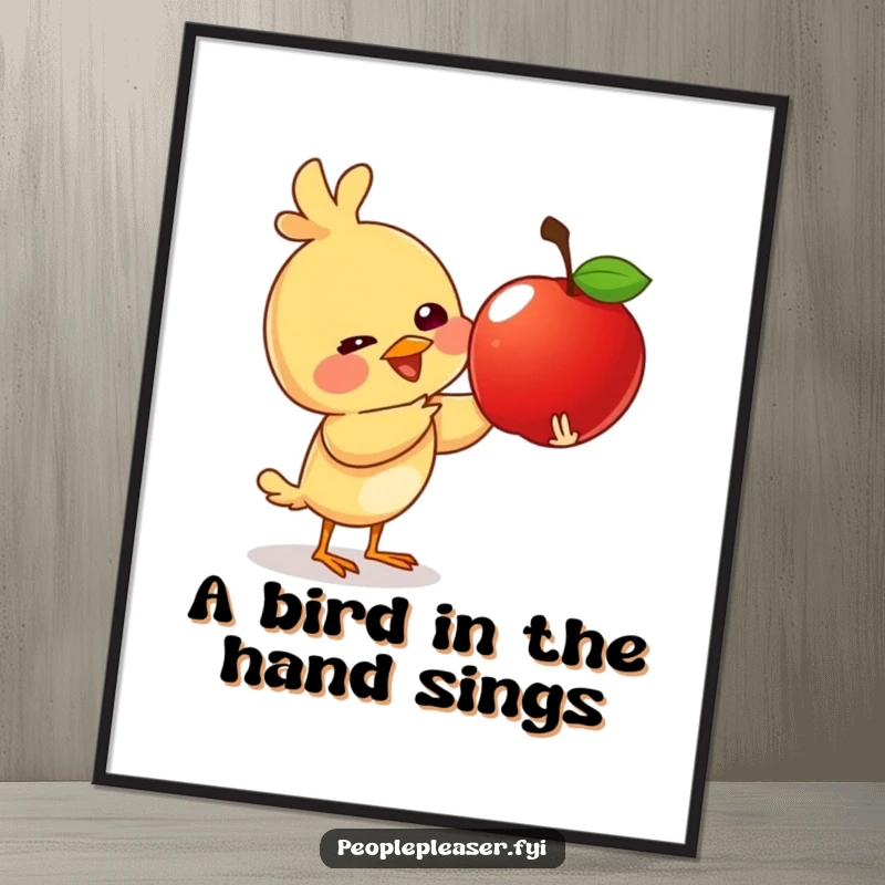 Funny Free Printable Wall Art: A giggling bird character gives a shiny apple, bringing cheerful vibes.