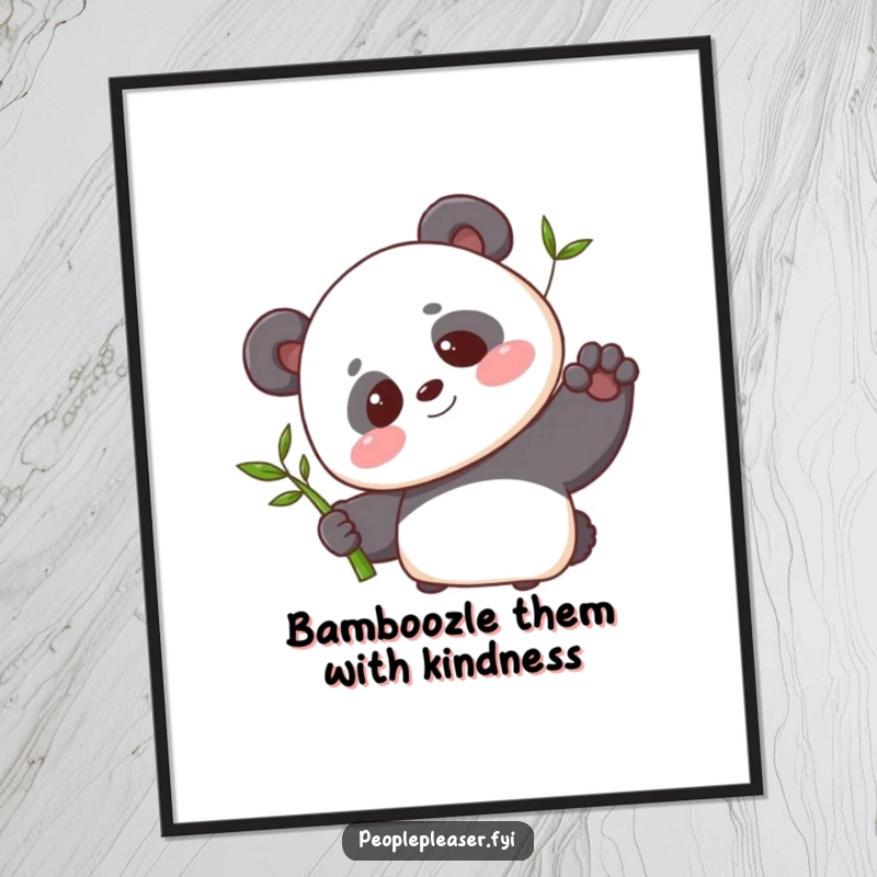 Funny Free Printable Wall Art: Blushing panda offering bamboo with a sweet smile, cute downloadable decor, print at home.