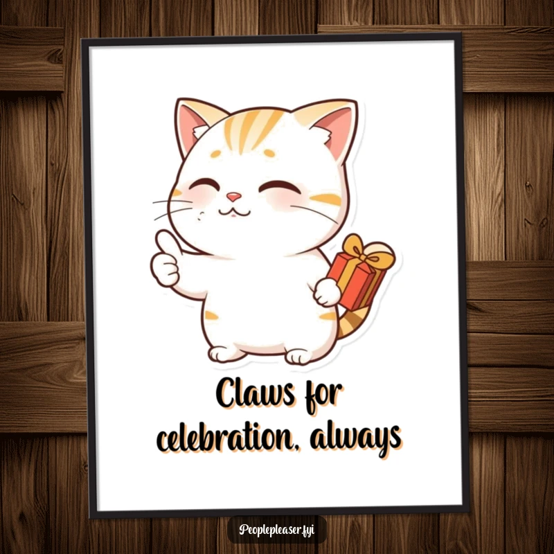 Funny Free Printable Wall Art: A nodding cat character gives a thumbs up while holding a small gift, bringing cheer.