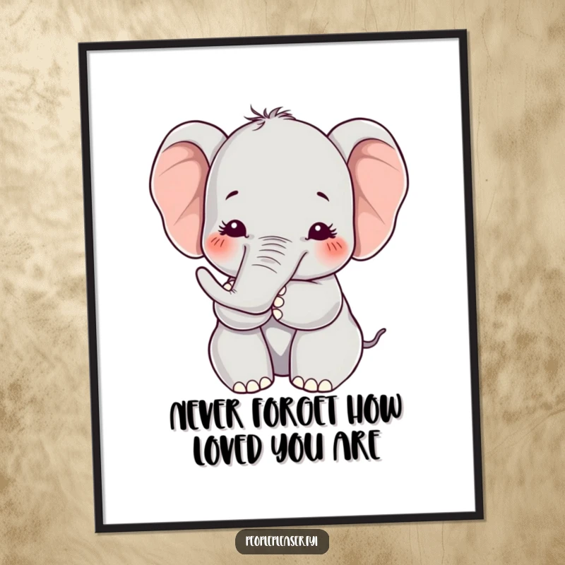 Funny Free Printable Wall Art: Kawaii elephant extending its trunk in a soft, humorous hug, radiating warmth and comfort on any wall.