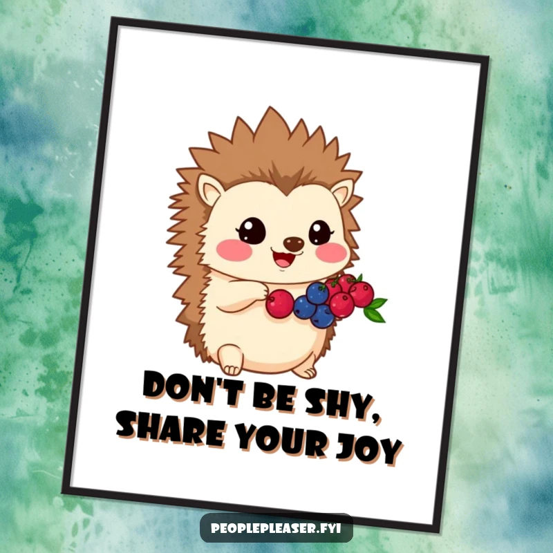 Funny Free Printable Wall Art: Kawaii hedgehog sharing its berries with a generous, humorous smile, adding warmth to any room.