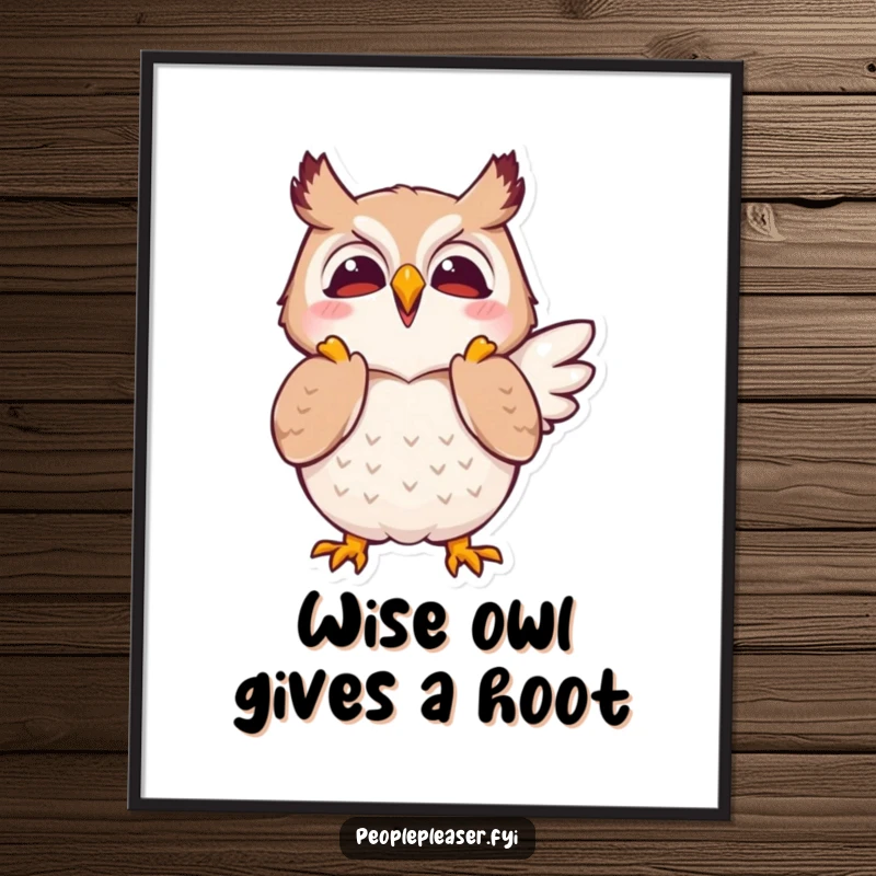 Funny Free Printable Owl Wall Art: Joyful owl enthusiastically clapping its wings in approval, a symbol of praise.
