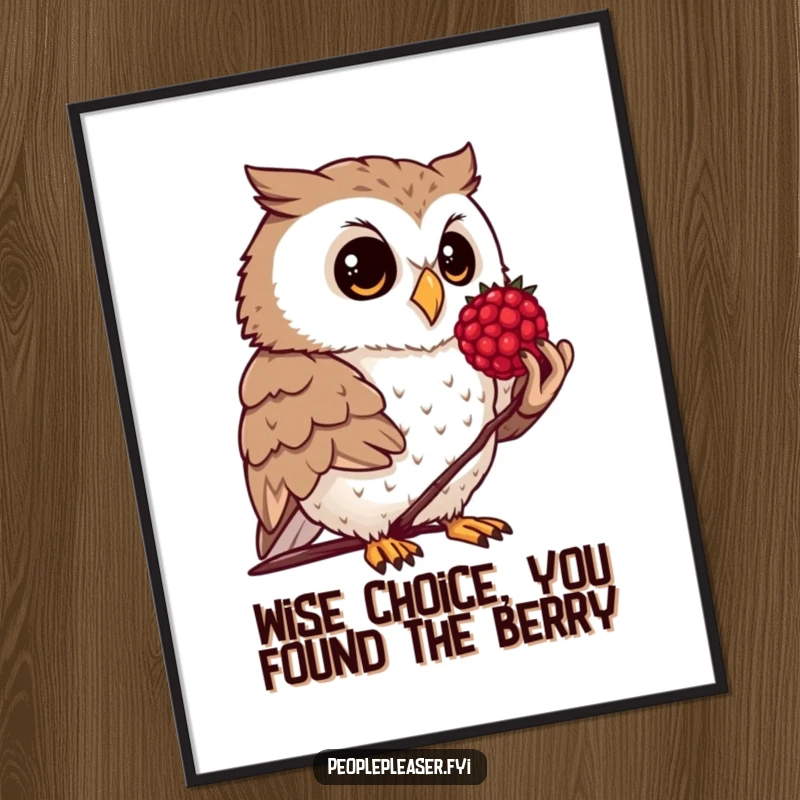 Funny Free Printable Wall Art: A curious owl with large eyes offers a perfectly polished berry, bringing a whimsical touch to any room.