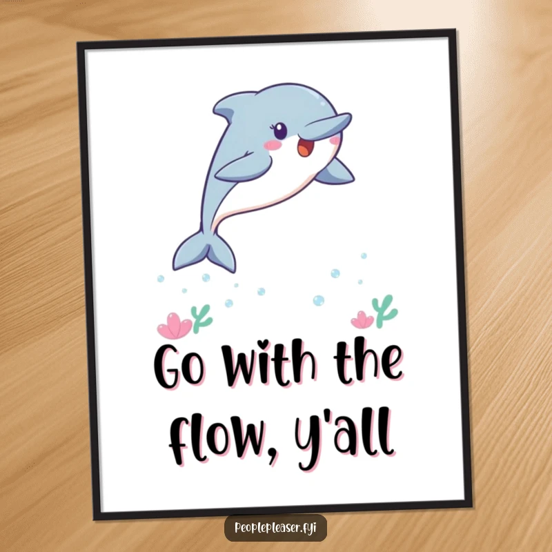 Funny Free Printable Wall Art: Adorable Kawaii Dolphin leaping with glee, creating joyful splashes in a vibrant underwater scene.