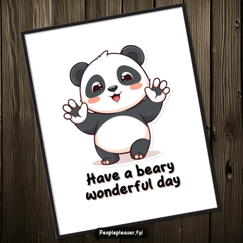 Funny Free Printable Wall Art of a smiling panda character waving with a big beam, bringing cheerful and humorous decor to any wall.