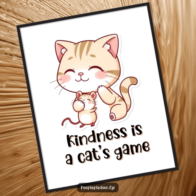 Funny Free Printable Wall Art of a smiling cat character gently patting a small mouse on the head with affection.