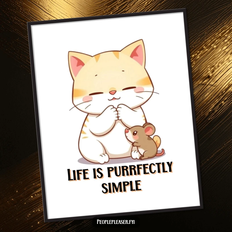 Funny Free Printable Wall Art: Content cat purring while gently grooming a toy mouse, cozy downloadable decor, print at home.