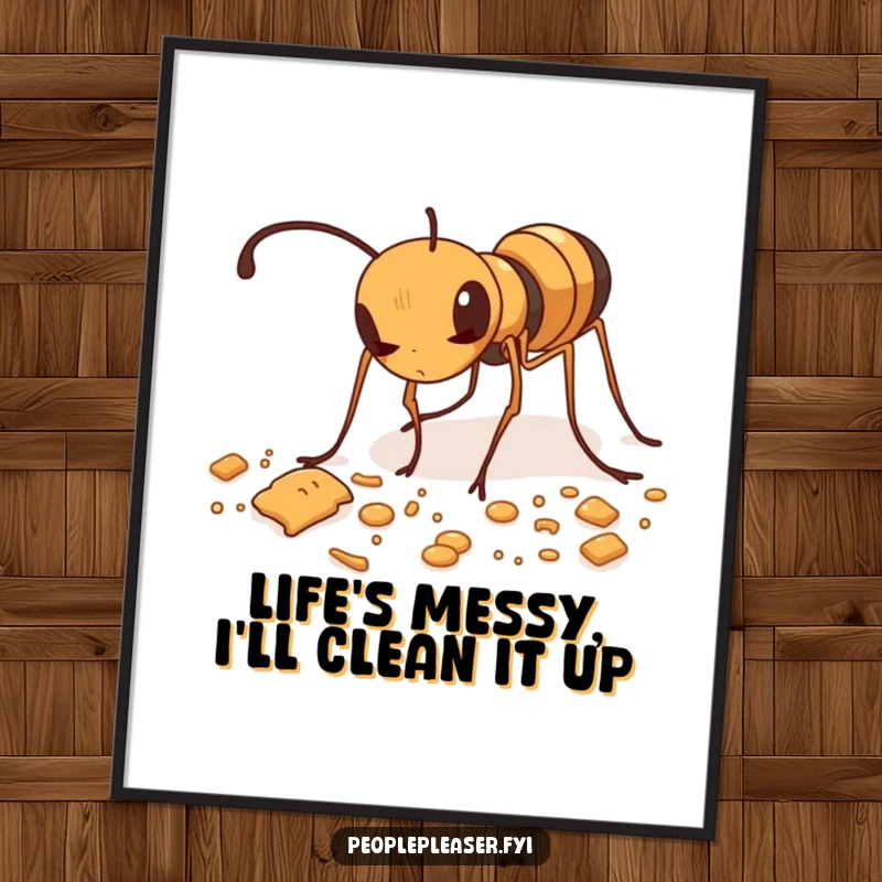 Funny Free Printable Wall Art: A diligent ant meticulously tidying up minuscule crumbs, creating a detailed and humorous scene for your wall.