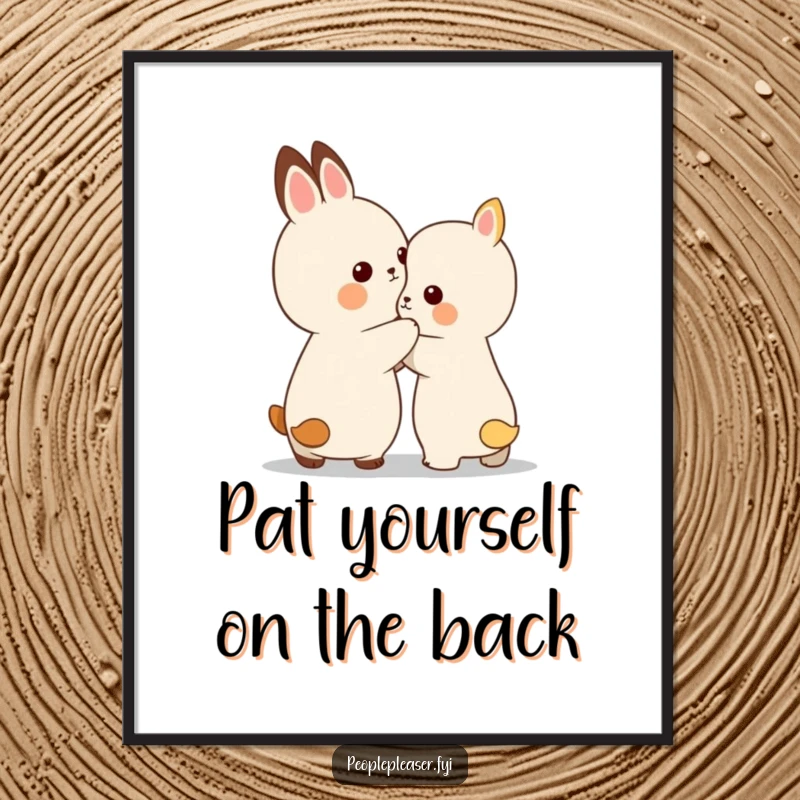 Free Printable Wall Art of a small animal character gently patting another on the back with encouragement, heartwarming downloadable decor.