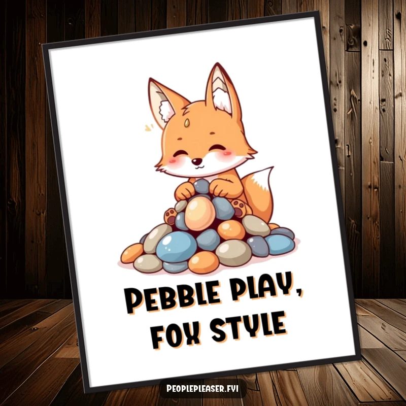 Funny Free Printable Wall Art: A playful fox carefully arranging a pile of shiny, glittering pebbles with a smart look.