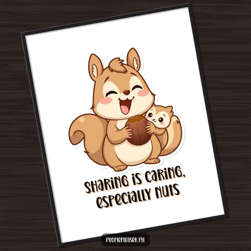 Funny Free Printable Wall Art showing a delighted squirrel character offering a nut to a friend, celebrating friendship and woodland charm.