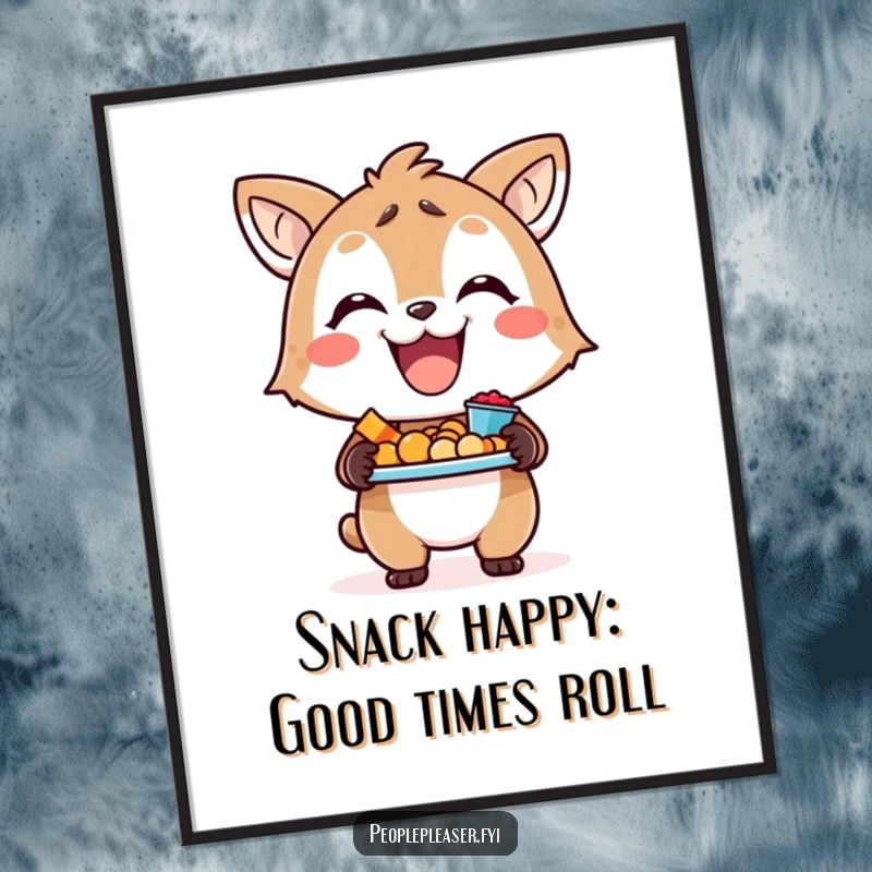 Funny Free Printable Wall Art of a smiling animal character holding a tray of delicious snacks, perfect for quirky wall decor.