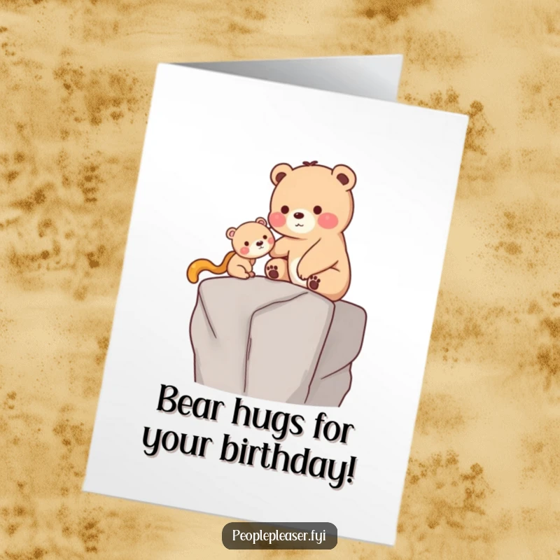 Funny Free Printable Birthday Card: A caring bear gently lifts a smaller creature onto a high ledge, celebrating a birthday milestone with support.