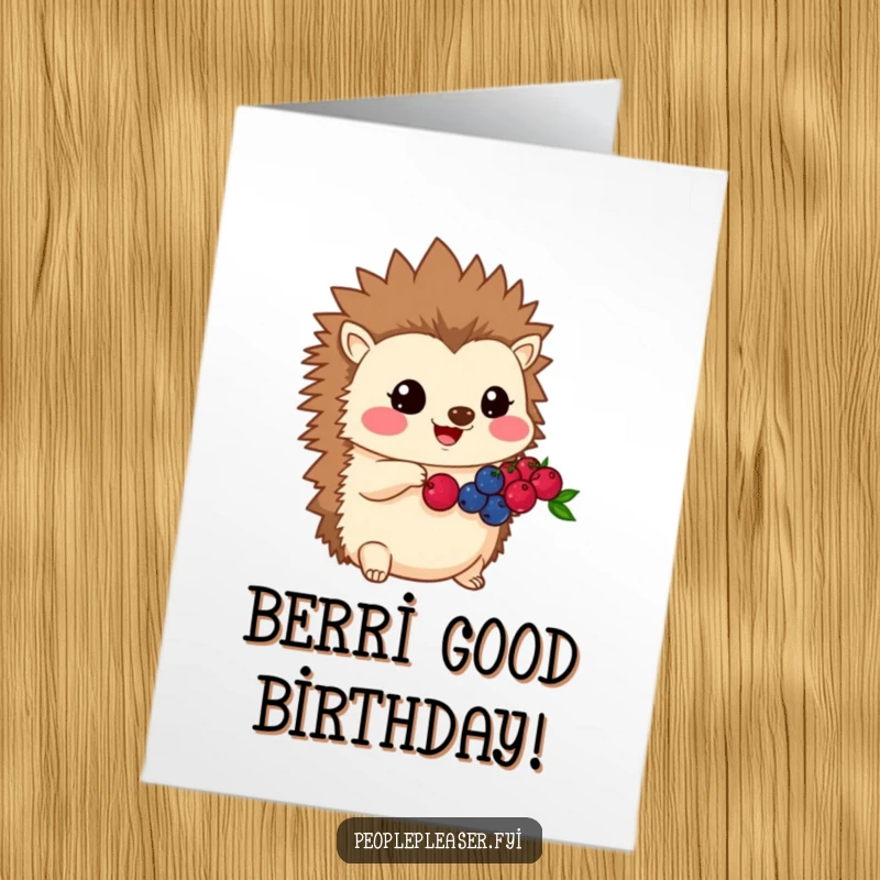 Funny Free Printable Birthday Card: Kawaii hedgehog kindly offering a pile of its berries with a helpful, humorous expression.