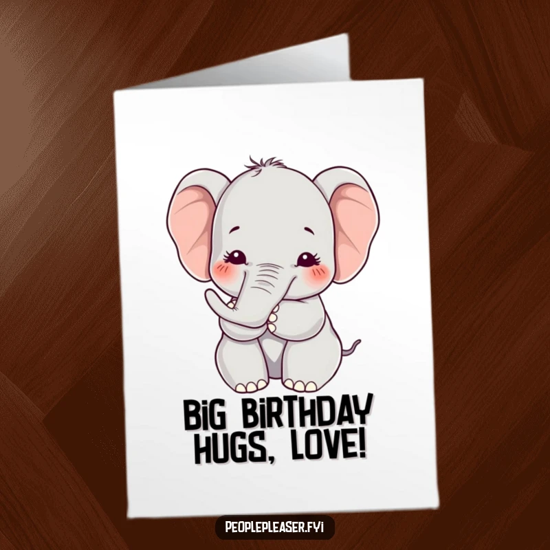 Funny Free Printable Birthday Card: Kawaii elephant extending its trunk for a soft, humorous hug, radiating warmth and affection.