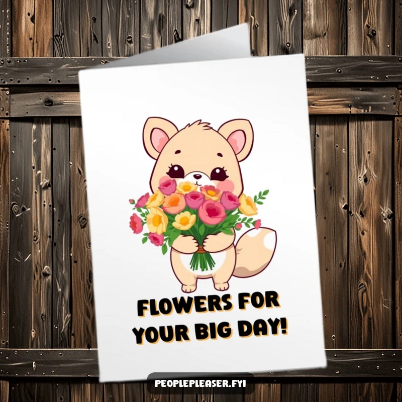 Funny Free Printable Birthday Card: A charming animal character presenting a very large, beautiful bouquet of flowers.