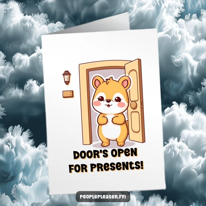 Funny Free Printable Birthday Card: Accommodating animal character holding open a door wide, a helpful and welcoming downloadable greeting.