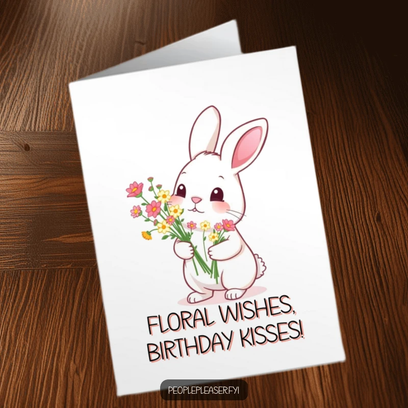 Funny Free Printable Birthday Card: A diligent rabbit proudly presents a perfectly arranged bouquet of tiny flowers, ready to wish someone a happy birthday.