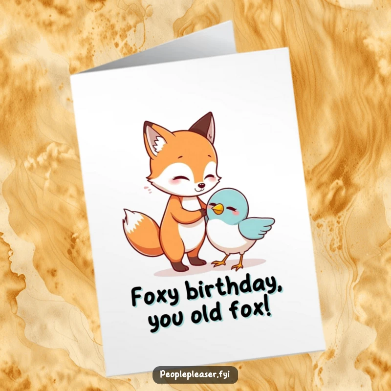 Funny Free Printable Birthday Card: A helpful fox character gently aids a small bird back onto its feet with a smile.