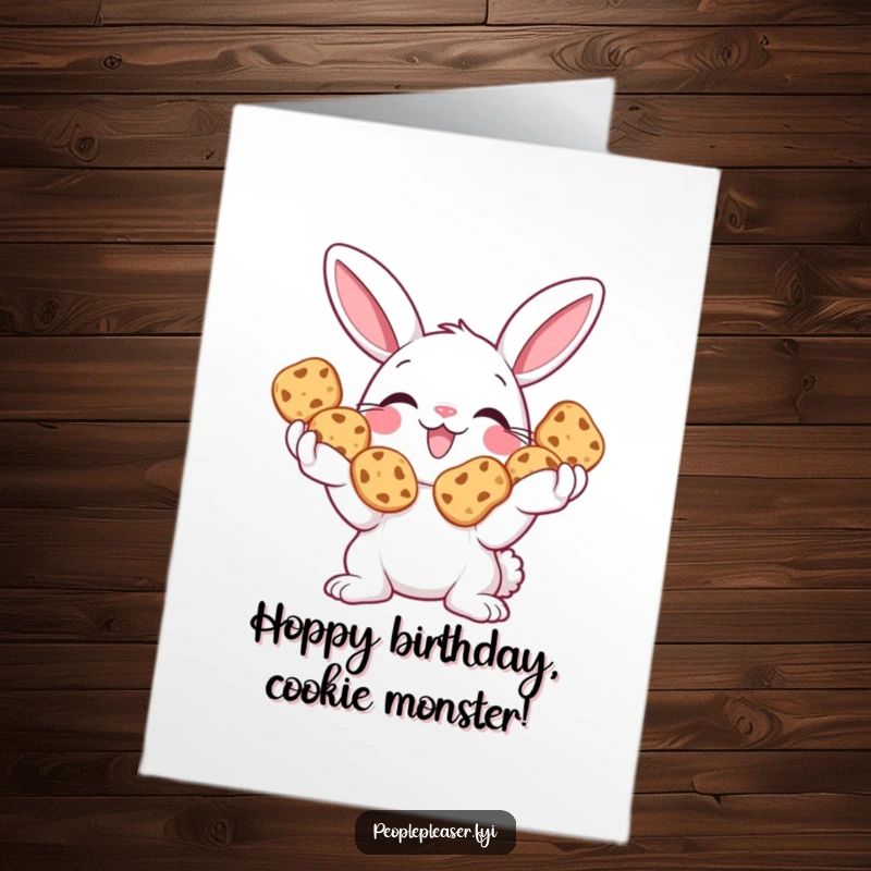 Funny Free Printable Birthday Card: A smiling bunny offering a pile of delicious cookies, a sweet birthday surprise.
