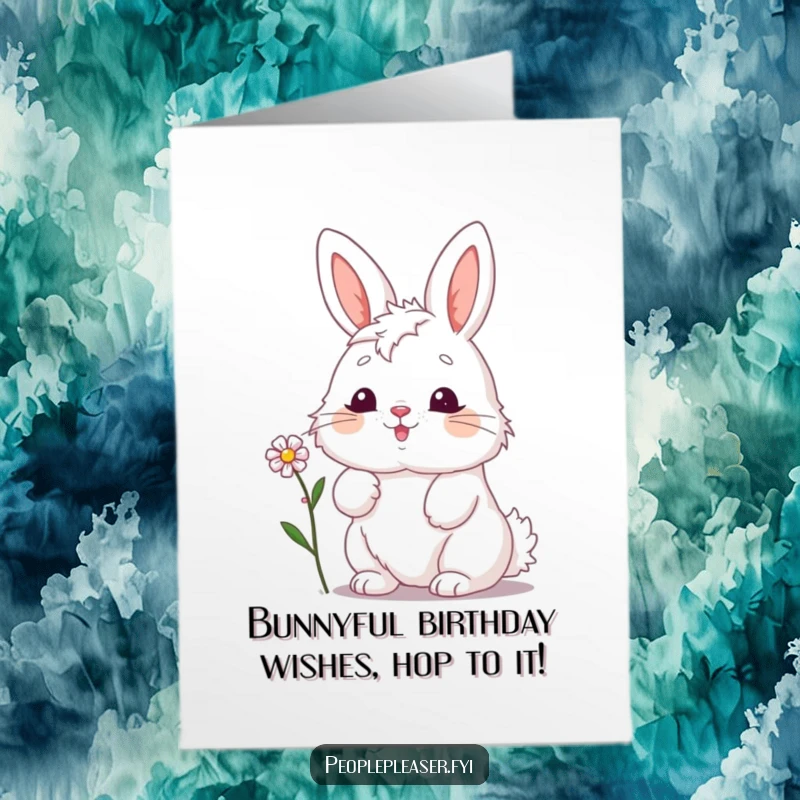 Funny Free Printable Birthday Card: Fluffy bunny nodding enthusiastically, offering a tiny flower with a sweet smile.