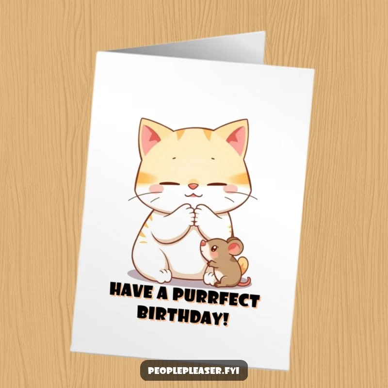 Funny Free Printable Birthday Card: Content cat purring while grooming a toy mouse, cute downloadable gift for birthdays.