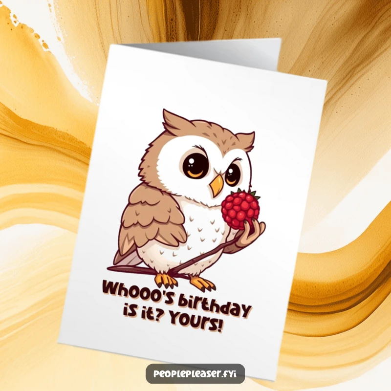 Funny Free Printable Birthday Card: A curious owl with wide eyes offers a shiny berry, a unique birthday greeting from nature.