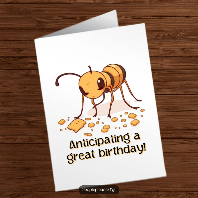 Funny Free Printable Birthday Card: A diligent ant meticulously collecting tiny scattered crumbs, a humorous take on birthday wishes.