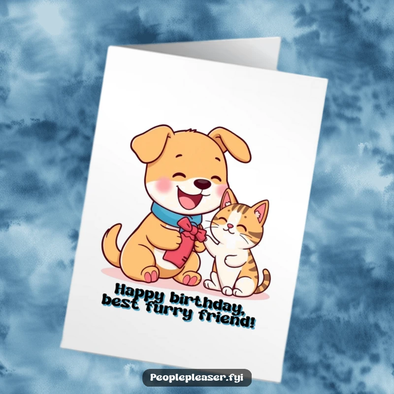 Funny Free Printable Birthday Card showing a happy dog character generously offering a toy to a slightly bemused cat.